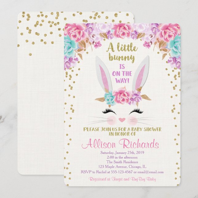 Bunny Pâques baby shower fille invitation (Devant / Derrière)