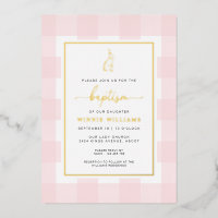 Bunny Pink En vichy Baptême Gold Foil Invitation