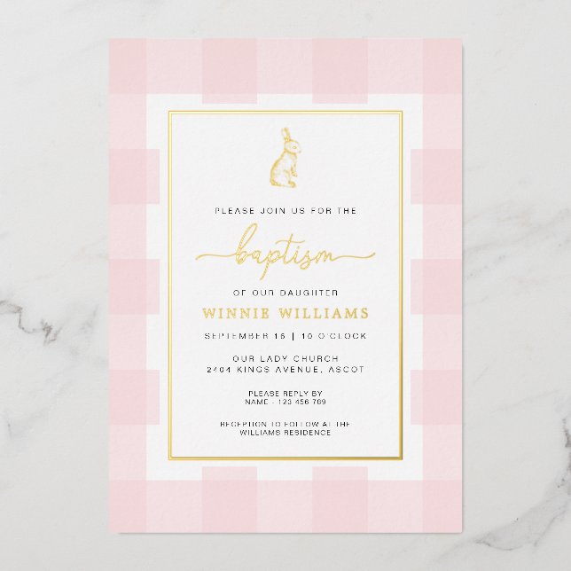Bunny Pink En vichy Baptême Gold Foil Invitation (Recto)