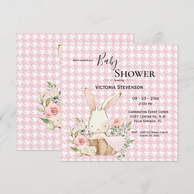 Bunny Rabbit Aquarelle Houndstooth Baby shower (Devant / Derrière)