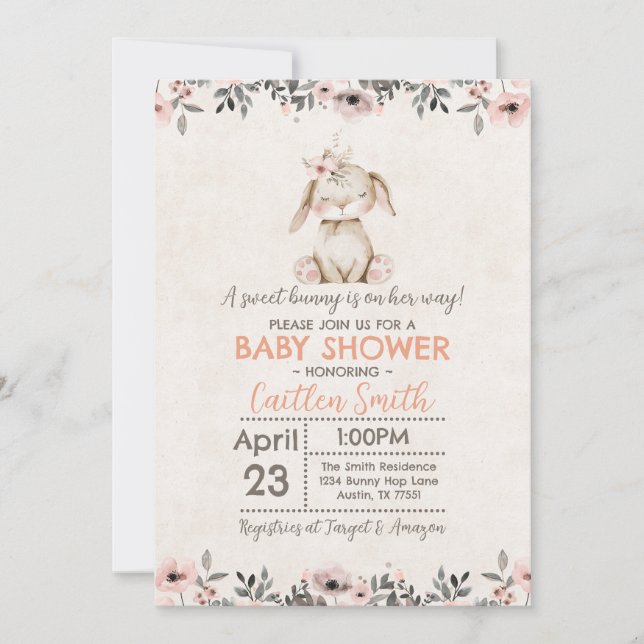 Bunny Rabbit Baby shower douce fille invitation (Devant)