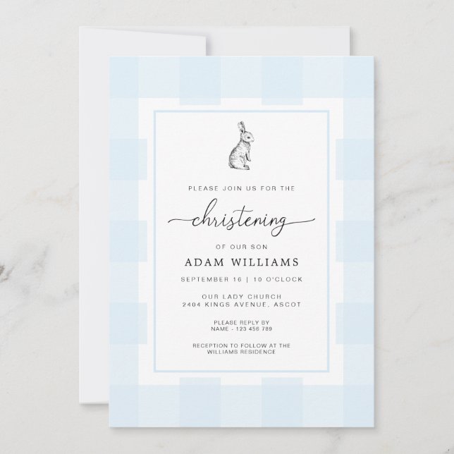 Bunny Rabbit bleu En vichy Christening Invitation (Devant)