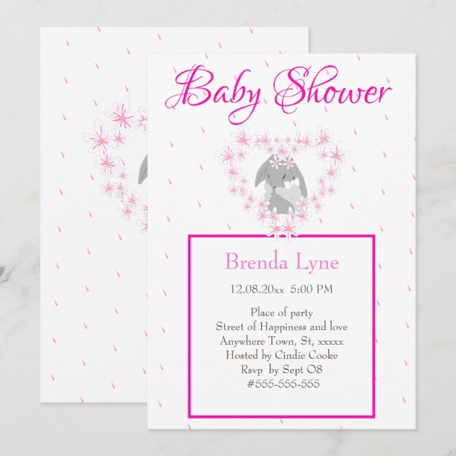 Bunny Rabbit fille rose Baby shower invitation Pos (Devant / Derrière)