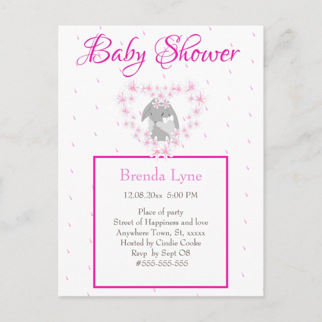 Bunny Rabbit fille rose Baby shower invitation Pos (Devant)