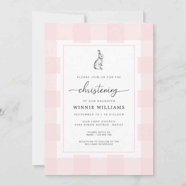 Bunny Rabbit rose En vichy Christening Invitation (Devant)