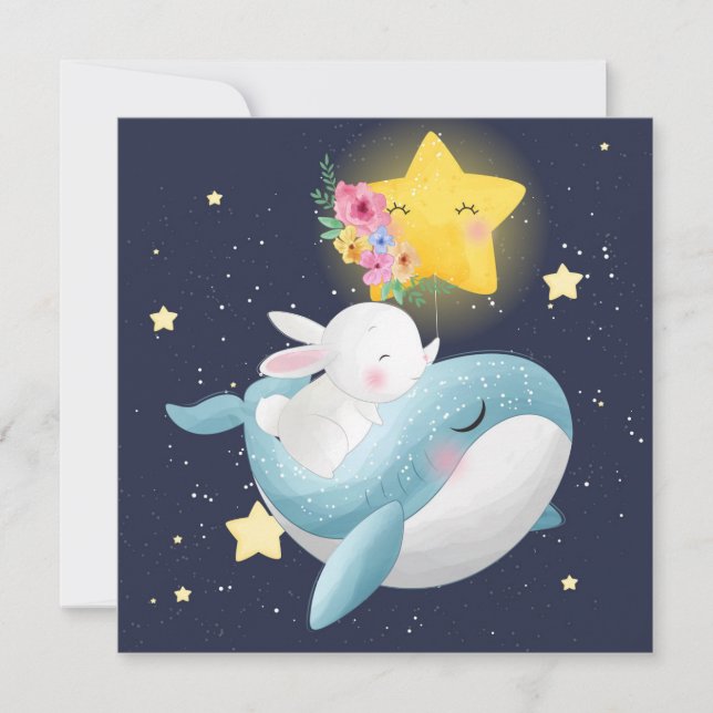 Bunny Riding Une Carte De Vacances Baleine (Devant)