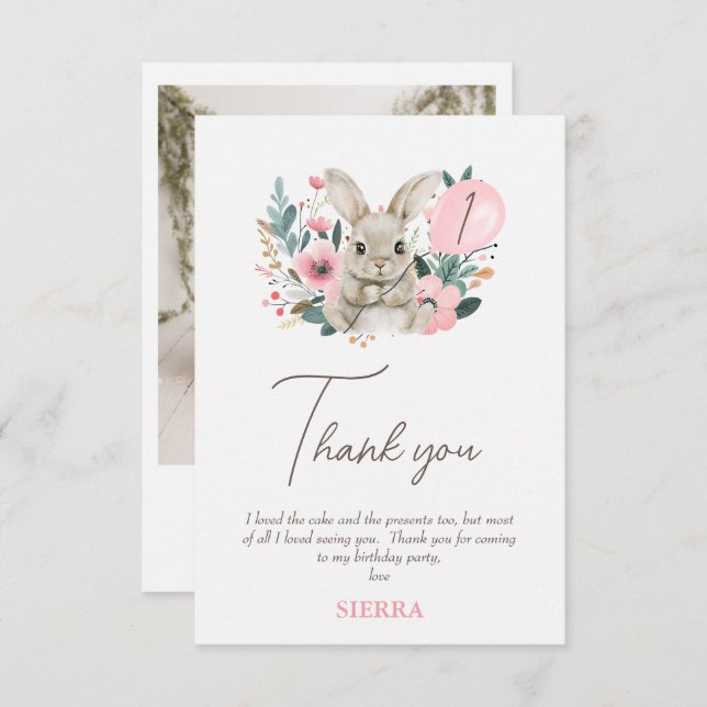 Bunny rose floral Carte de remerciements d'anniver (Devant / Derrière)