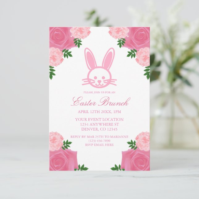 Bunny rose floral Pâques Brunch Invitation (Debout devant)