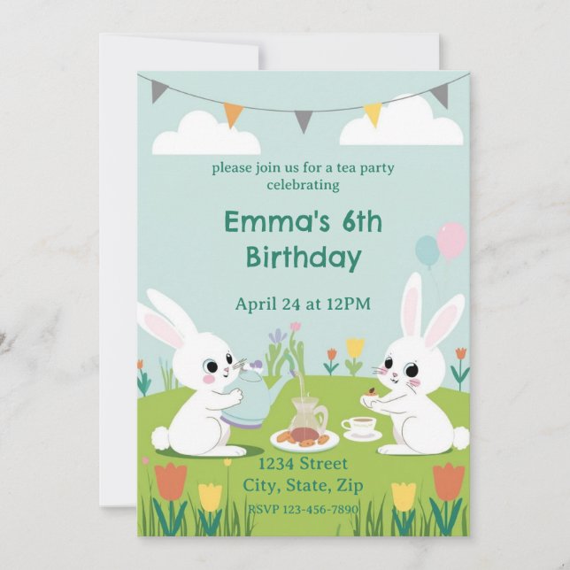 Bunny Tea Party Birthday Invitation | Cute Rabbits (Devant)