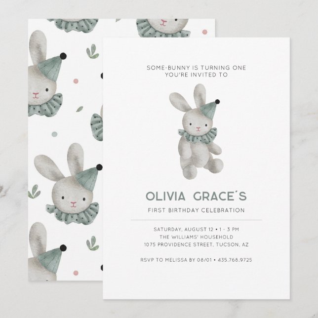 Bunny Thème Premier anniversaire Invitation (Devant / Derrière)