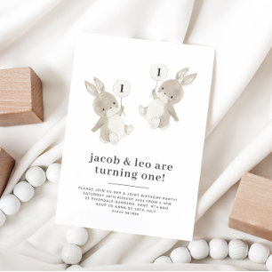 Bunny Twin Boys First Birthday Invitation