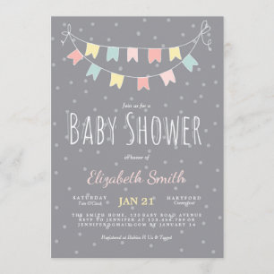 Buntings Baby shower Invitation Gris Pink Mint