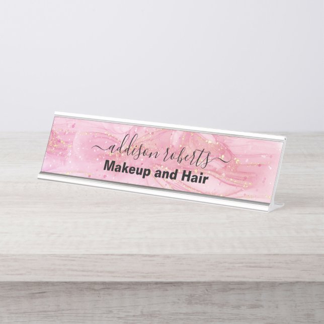 Bureau d'aquarelle rose moderne Nom Plaque (Devant)