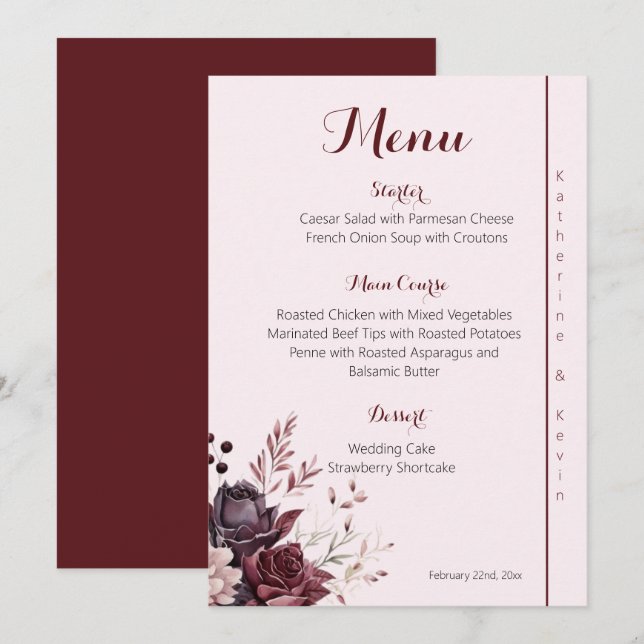 Burgandy Dusty Rose Floral Mariage Menu (Devant / Derrière)