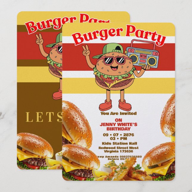Burger Party Themed Invitation (Devant / Derrière)