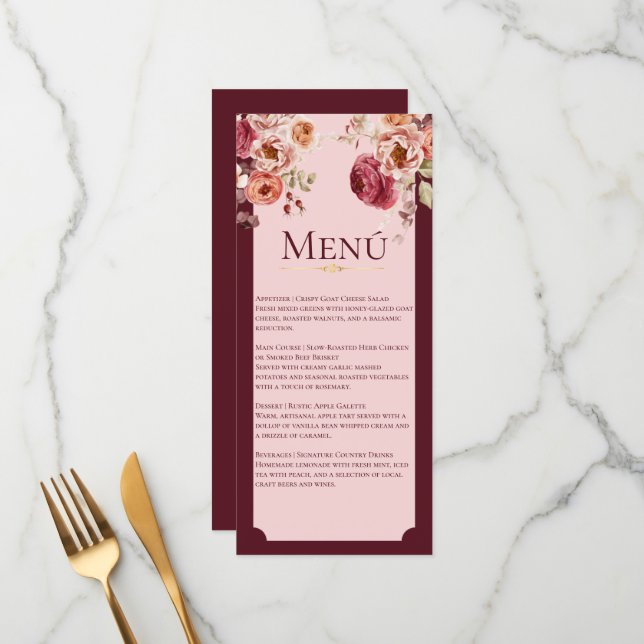 Burgundy and Blush Pink Floral Wedding Menu Card (Devant/Arrière en situation)