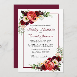 Burgundy Aquarelle Floral Boho Mariage Invitation
