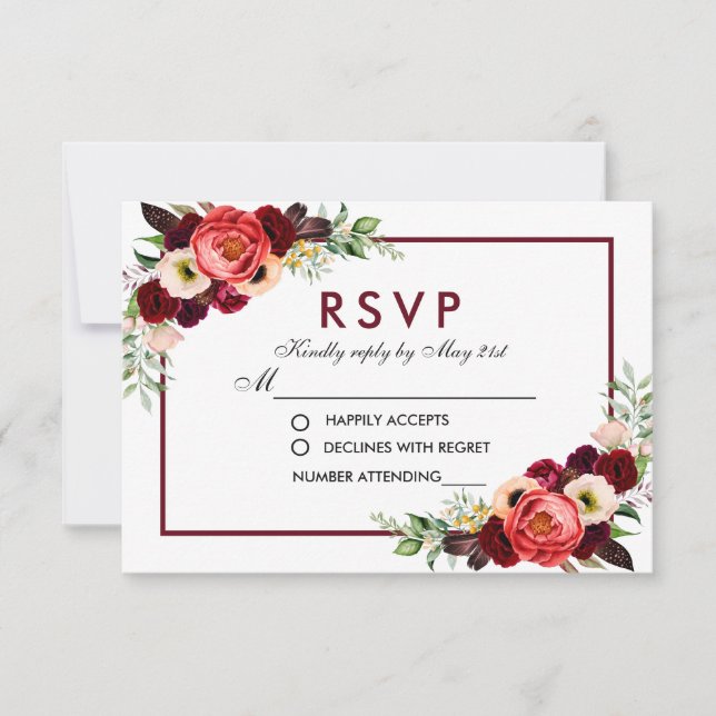 Burgundy Aquarelle Floral Boho Mariage RSVP (Devant)