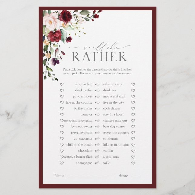 Burgundy Aquarelle Floral Fête des mariées Jeu (Devant)