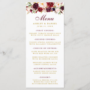 Burgundy Aquarelle Floral Gold Mariage Menu