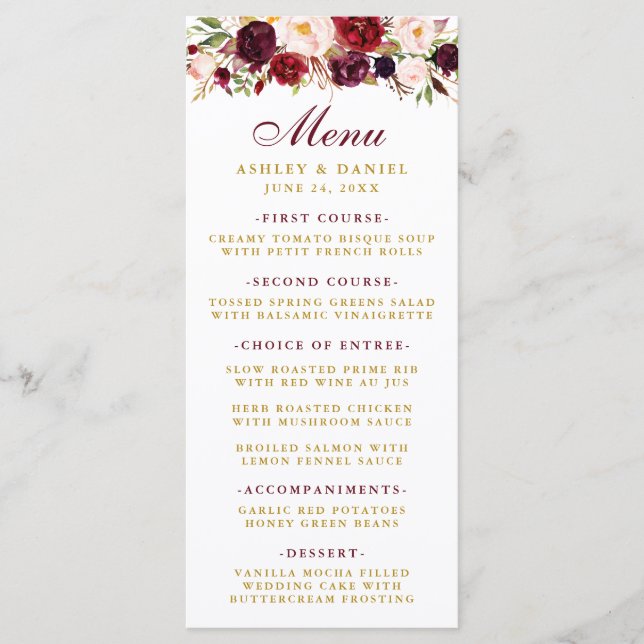 Burgundy Aquarelle Floral Gold Mariage Menu (Devant)