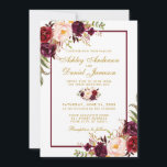 Burgundy Aquarelle Floral Gold Wedding Invitation<br><div class="desc">Elégante Faire-part de mariage d'or et de fleurs de marsala bordeaux - Cadre bordeaux - Script or</div>