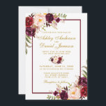 Burgundy Aquarelle Floral Gold Wedding Invitation<br><div class="desc">Elégante Faire-part de mariage d'or et de fleurs de marsala bordeaux - Cadre bordeaux - Script or</div>