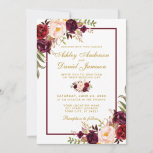 Burgundy Aquarelle Floral Gold Wedding Invitation