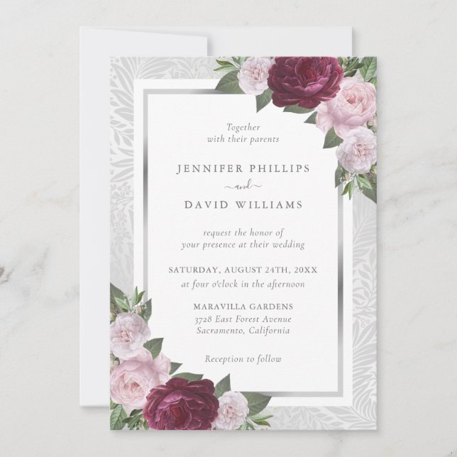 Burgundy Argent Blush Floral Wedding Invitations (Devant)