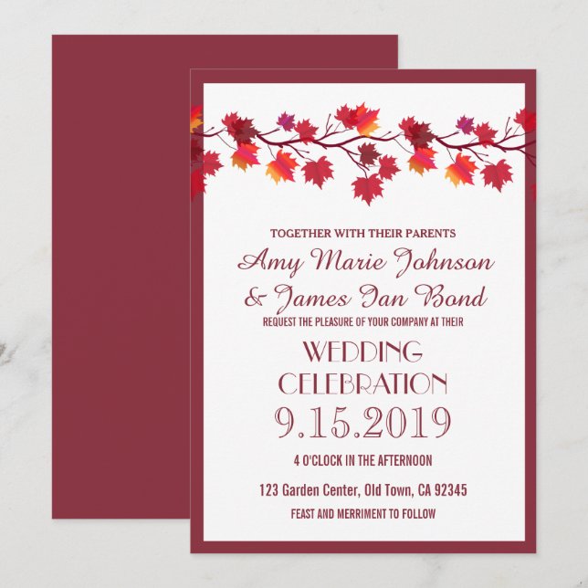 Burgundy Automne Feuilles de mariage Invitations (Devant / Derrière)