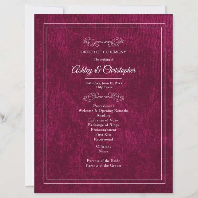 Burgundy Berry Velvet White Wedding Program (Devant)