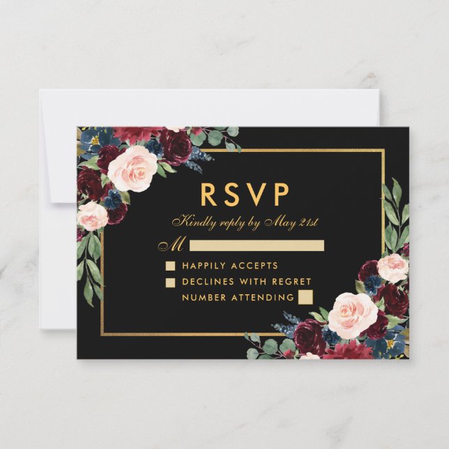 Burgundy Bleu Floral Mariage RSVP Noir Or (Devant)