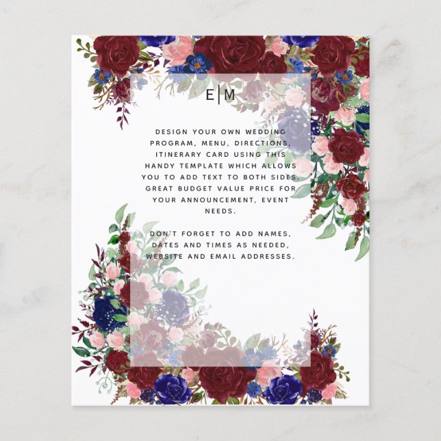 Burgundy Blue Floral Programme Menu Détails Insert (Devant)