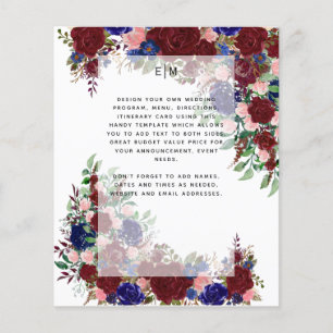Burgundy Blue Floral Programme Menu Détails Insert