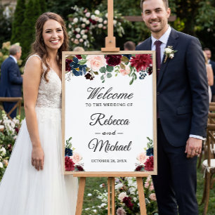 Burgundy Blush Blue Floral Mariage Affiche de bien