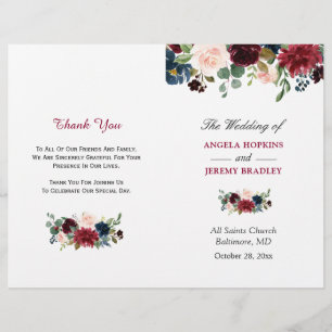 Burgundy Blush Blue Floral Programme de mariage pl