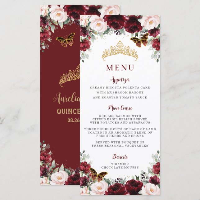 Burgundy Blush Floral Gold QUINCEAÑERA Menu Party (Devant / Derrière)