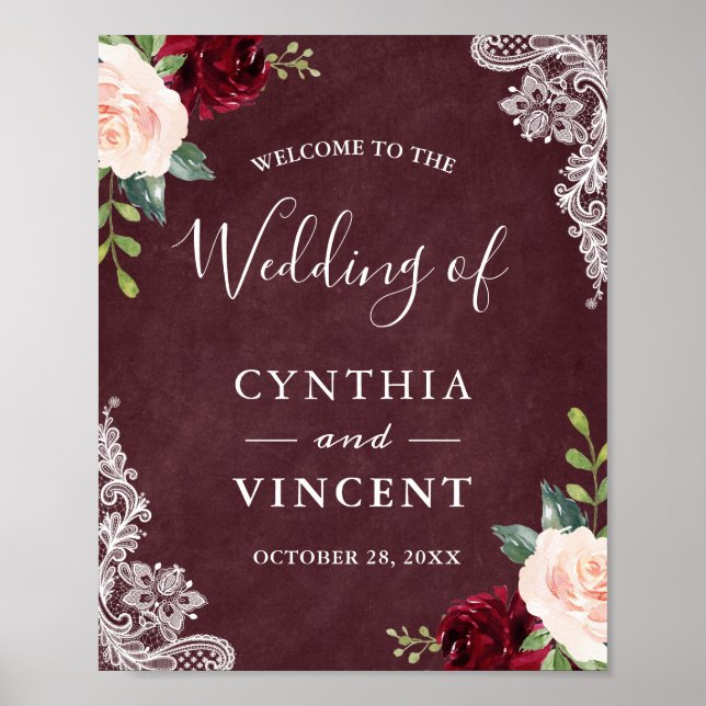 Burgundy Blush Floral Lace Mariage Affiche de bien (Devant)