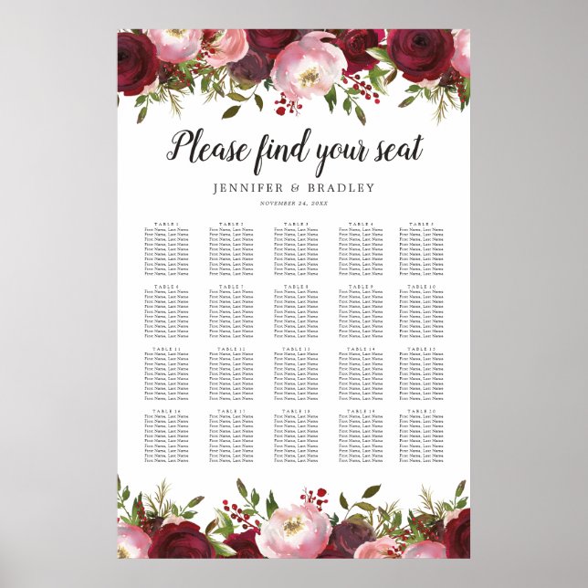Burgundy Blush Floral Mariage 20 Tableau Graphique (Devant)