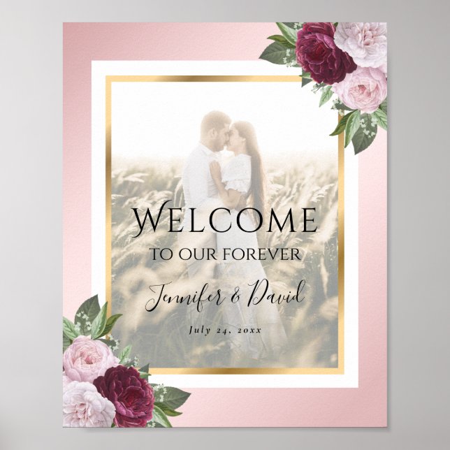 Burgundy Blush Floral Mariage Affiche de bienvenue (Devant)
