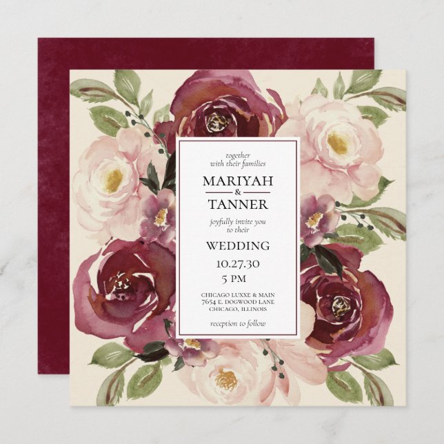 Burgundy Blush Floral Mariage Carré Invitation (Devant / Derrière)