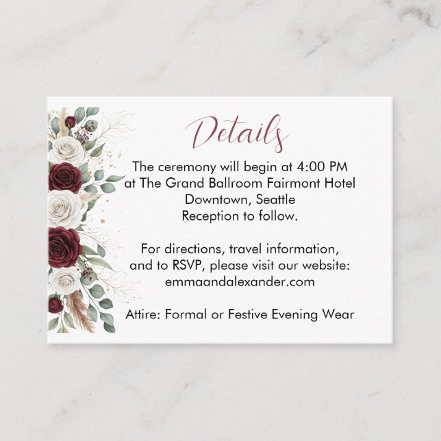 Burgundy Blush Floral Mariage Détails Carte (Devant)