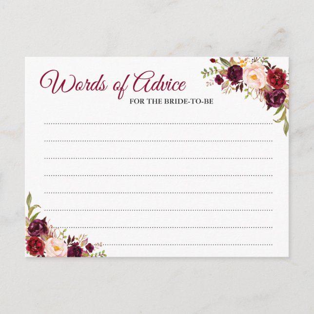 Burgundy Blush Floral Mariage Mots de conseil Cart (Devant)