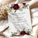 Burgundy Blush Floral Wedding Enregistrer la carte<br><div class="desc">Ce mariage chic, à l'exception de la carte datation, présente un bel arrangement floral bordeaux et aquarelle. Conçu pour correspondre à notre collection Rustic Blush mariage. Personnalisez-le avec vos détails facilement et rapidement, appuyez simplement sur le bouton customiser pour réorganiser et formater le style et le placement du texte. c)...</div>