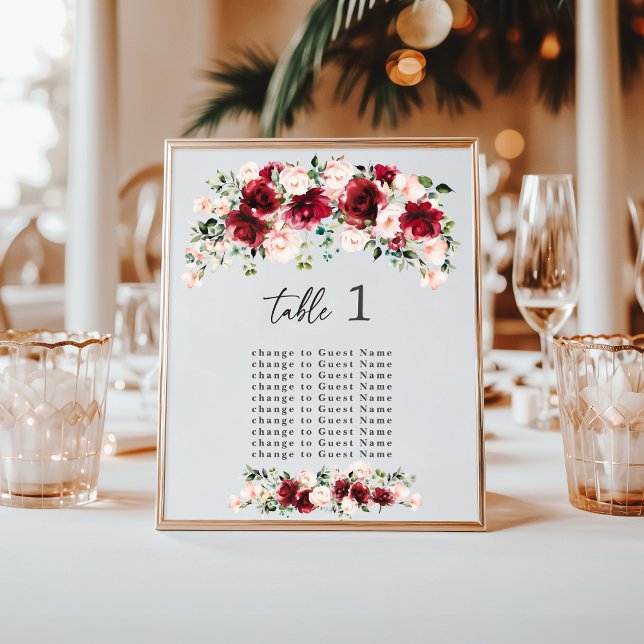 Burgundy Blush Floral Wedding Table Seating Chart (Créateur téléchargé)