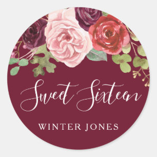 Burgundy Blush Flowers Sweet 16 Stickers Partie