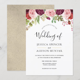 Burgundy Blush & Gold Floral Wedding Invitation