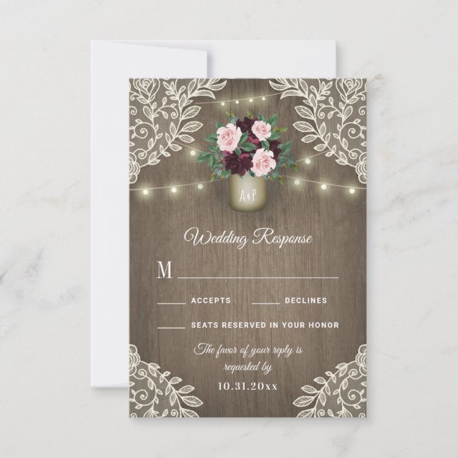 Burgundy Blush Gold Mason Jar Wedding Cartes RSVP (Devant)