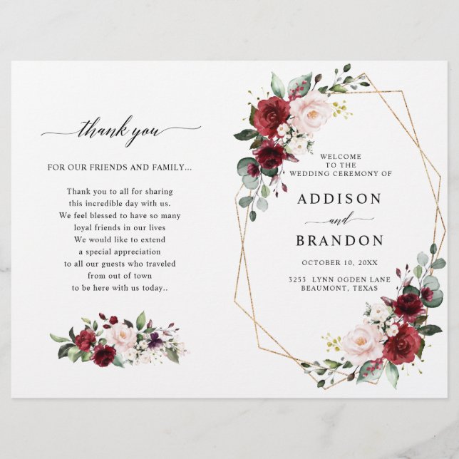 Burgundy Blush Modern Geometric Wedding Program (Devant)