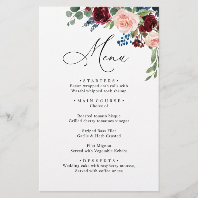 Burgundy Blush Navy Bleu Rose Dîner Menu Mariage (Devant)
